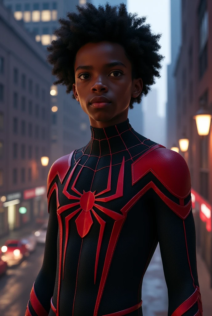 Draw Miles Morales (Caleb McLaughlin) as if it were a live action movie. He must have a young and expressive face, com cabelo crespo. Dress him up in the black and red Spider-Man costume, with a spider mask and emblem. Show it in an urban setting at night, like a roof or alley, with city lights in the background. Lighting should highlight your costume and mask.