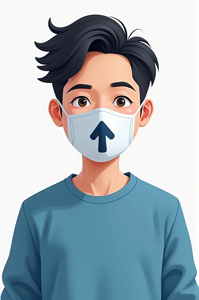 man with black hair in blue sweatshirt wearing a mask with this arrow pointing up cartoon