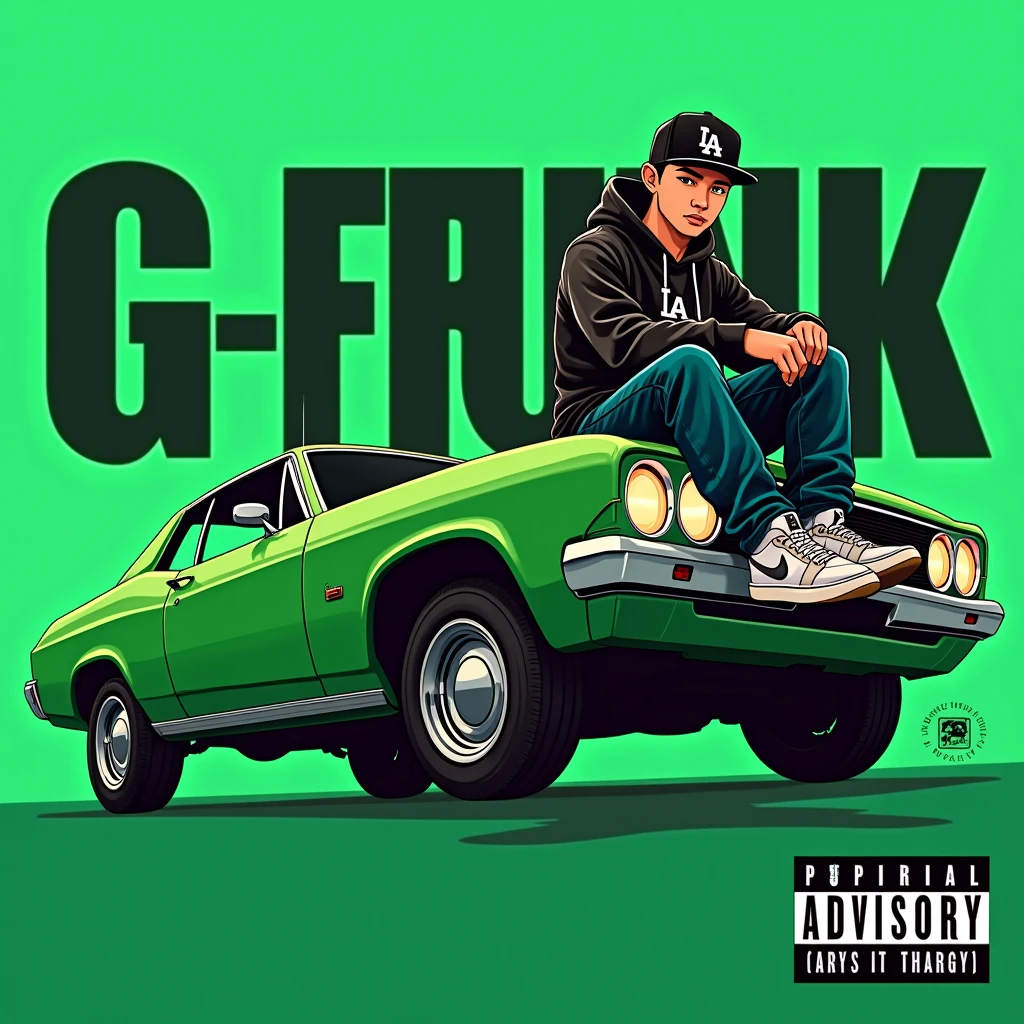 Image of a man sitting on the bonnet of a car, Yoshihiko Wada's album cover, winner of the behance contest, Doodle, official artwork, rap album cover, hip - hop album art cover, colored album art, hip hop music album cover, rap album cover art, official fanart, GTA Cover, hip hop album cover, album art cover, G-FUNK Hip Hop album cover, green background, green car, with the words 'G - FUNK' on the back of the picture, LA hoodie, an Asian tenager wearing a black LA ball cap with a deep press and a wide pair of jeans down, a troublemaker boysits on the bonnet of a car andlets, white Nike shoes