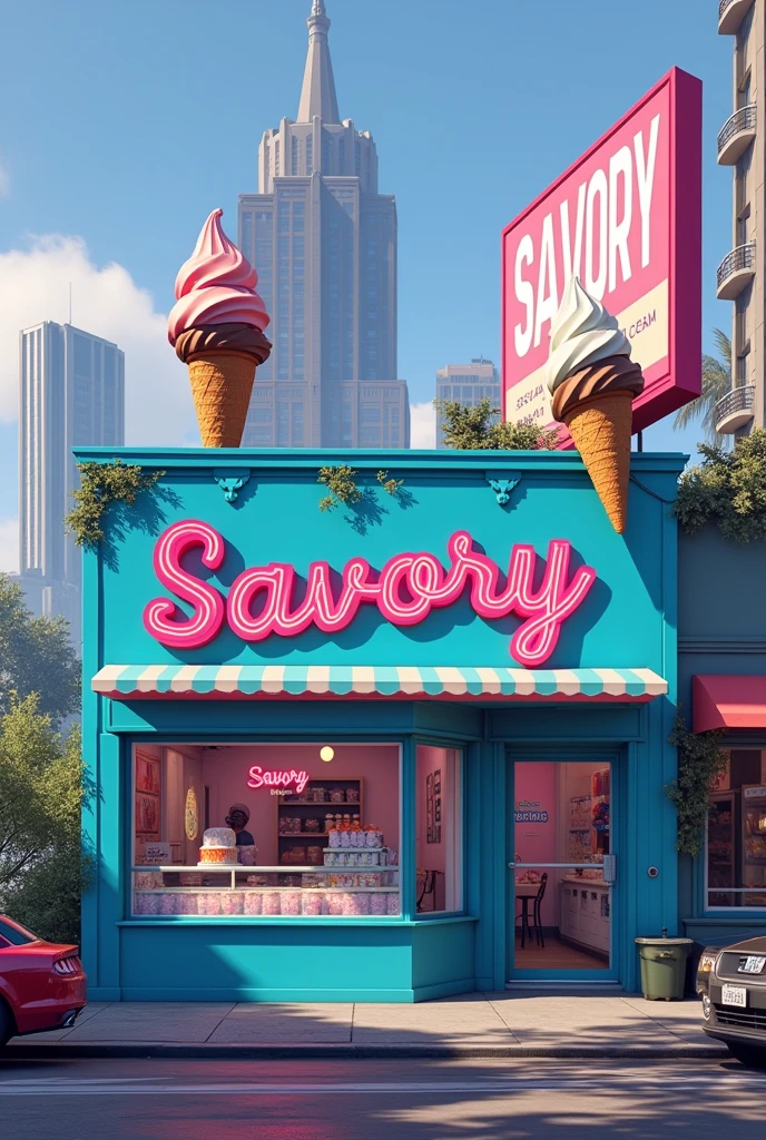 a ice cream store in blue with the name of Savory at the game gta v