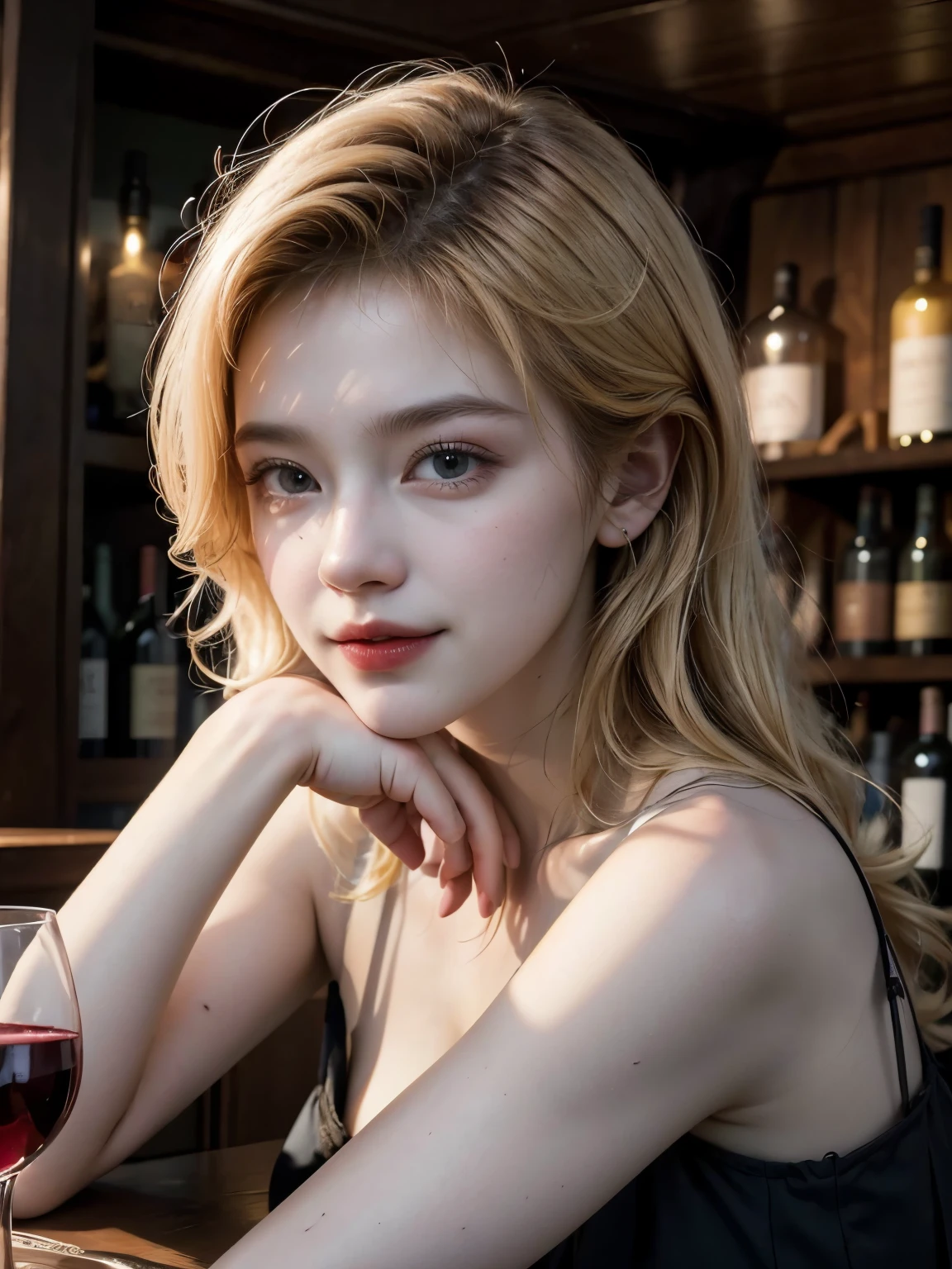 Woman drinking orange wine, Blonde，Long Hair，Staring at the wine、Back view，slim，Authentic interior，restaurant，Optical Lenses, , (Highest quality,4K,8k,High resolution,masterpiece:1.2),Very detailed,(photograph,photophotograph,photo-photograph:1.37),wine cellar，Lots of wine，modern，Dim lighting, Lady customer，Neat black dress，1800s，pairing，Smiling woman，Look Down，Spectacular landscapes，turn around、Wine on the table、Put down the glasses、flower、Smaller person、Wine close up，Lots of liquor bottles background，People on the right、bar、steampunk、Small hands、背景にbarテンダー、steampunk内装，