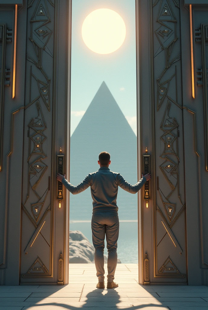Un homme avec des vêtements futuristes pousse des deux mains des portes futuristes et décoré avec des motifs géométriques et face à lui une pyramide et au dessus le soleil.