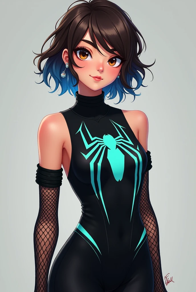 ((art animation 2D)) 20 year old woman with short wavy brown hair with dark blue dyed tips, Brown eyes, with good body, wearing black clothes, wearing a sleeveless black dress with a turquoise Spiderman logo on the chest with mesh sleeves