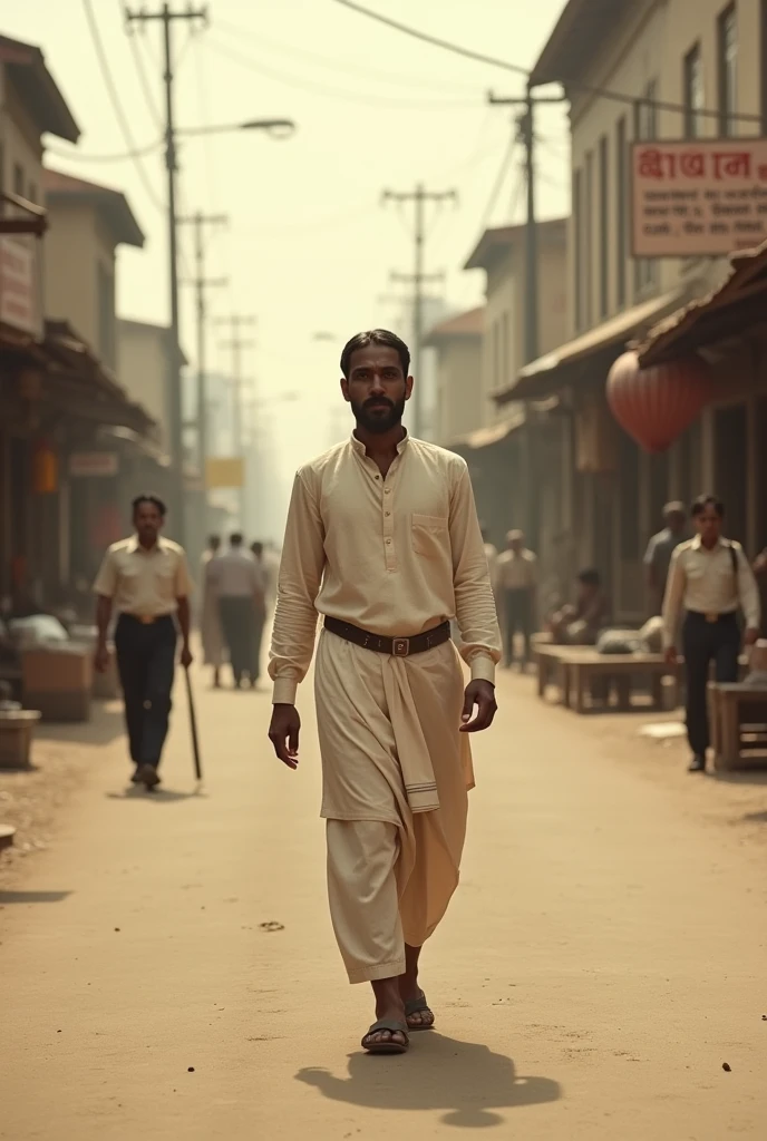 The pic was taken about 1920 in India. The Indian was wearing the old dresses the street was fully empty some store at here they work along the road. and the police crossing the way