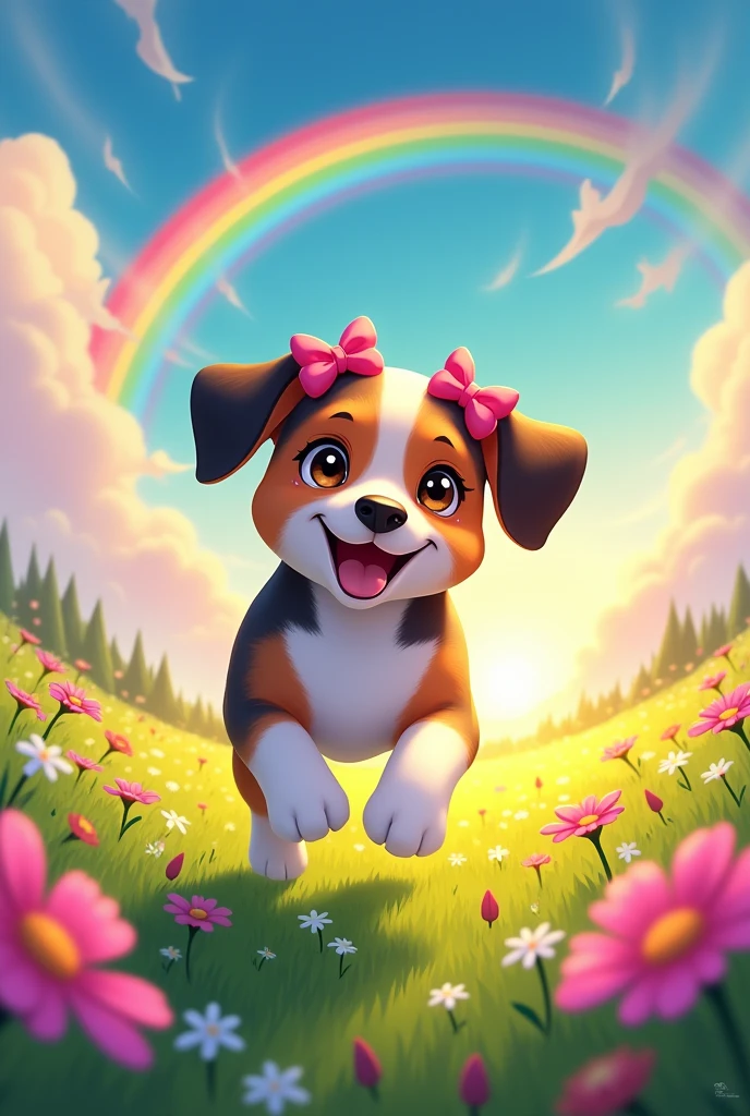 Tricolor black brown and white beagle, female with two pink bows on her ears, He is running happily in a meadow with flowers, the sky with the sun very colorful and with rainbows