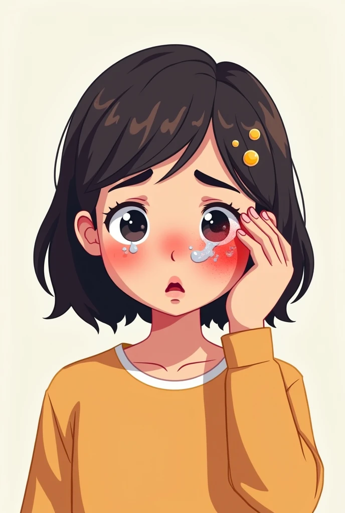I am looking for an illustration of a student with pus in her eyes and a red and itchy eye. Drawing style: Modern and vector, with smooth, clean lines, and vibrant colors. Cartoonish but realistic. Color: Using a palette of bright and contrasting colors that are pleasant and eye-catching. FORMAT: Illustrations arranged in a book or manual style. This illustration is intended for a guidance and training manual, so it must be clear, accessible and visually appealing."