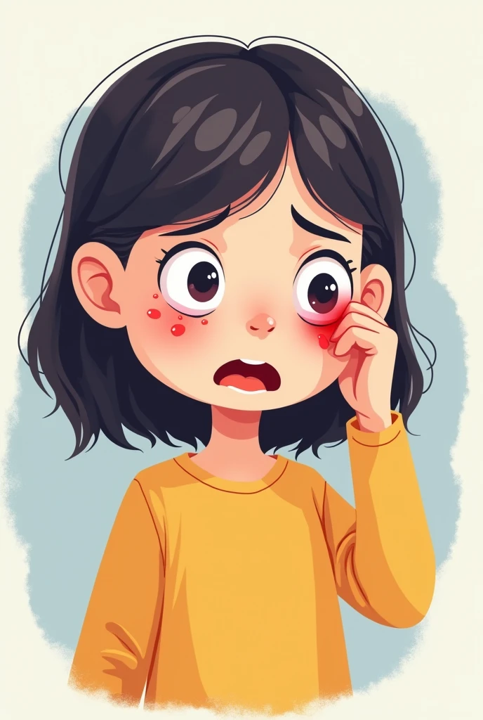 I am looking for an illustration of a student with pus in her eyes and a red and itchy eye. Drawing style: Modern and vector, with smooth, clean lines, and vibrant colors. Cartoonish but realistic. Color: Using a palette of bright and contrasting colors that are pleasant and eye-catching. FORMAT: Illustrations arranged in a book or manual style. This illustration is intended for a guidance and training manual, so it must be clear, accessible and visually appealing."
