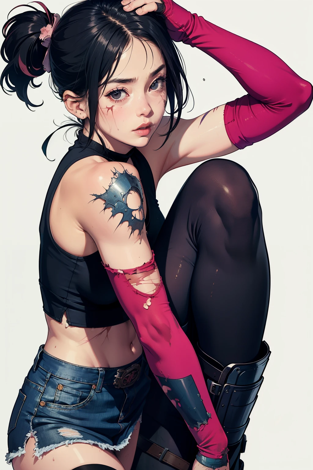 Defeated Female Warrior、Upper body close-up、sleep、Realistic、gloves、Utility Belt、Sweat、A body covered in scars、Face with scars、Bleeding、Fighting Arena、Trained biceps、Twin tails、Collapse、(Dirty and tattered pink clothes)、Shingard、Knee pads、Shoulder Armor、head band、Denim skirt、tights、Black Hair、Elbow pads