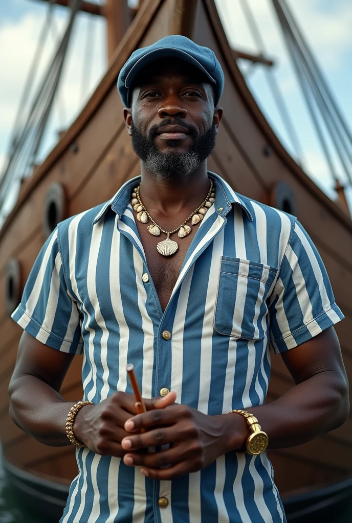 Black man in blue hat, blue and white horizontal striped cotton shirt, dark blue pants, shell necklace, a pipe in hand, in the style of a sailor in front of a ship