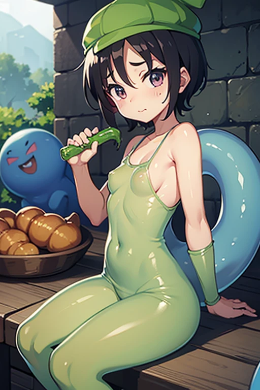 Striped, undressed dragonQuest covered in translucent slime and sweat, eating wiener