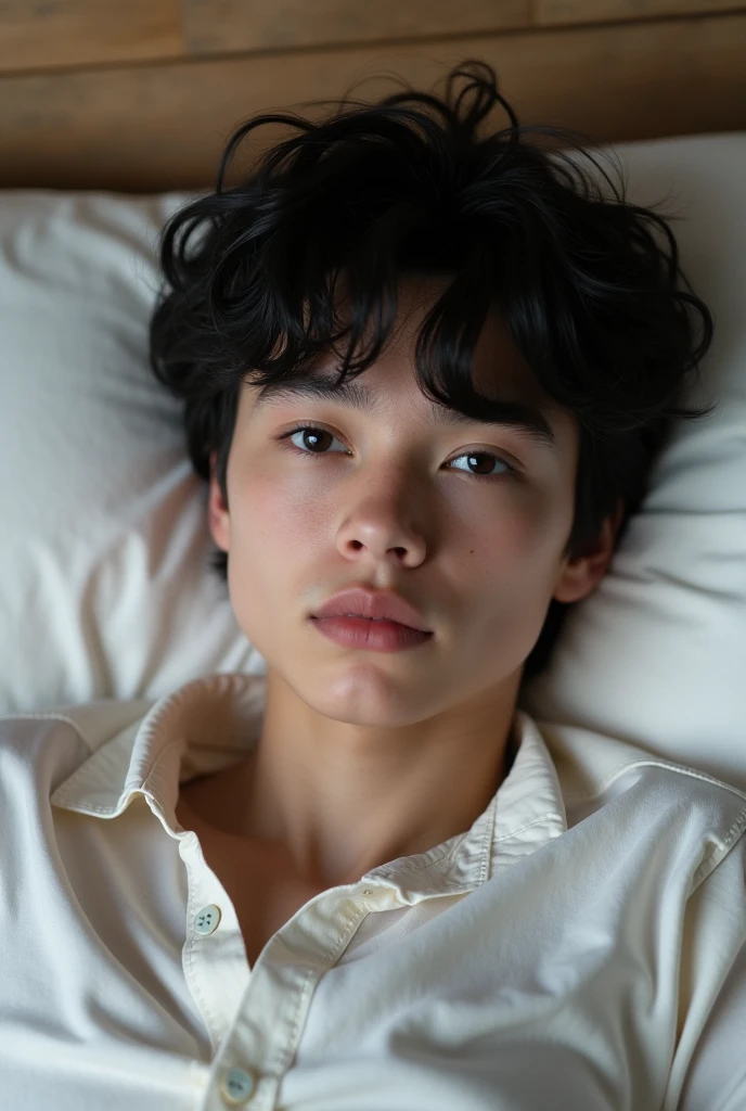 American boy white skin black hair black eyes lying in bed white shirt baby face boyfriend material, human, small face