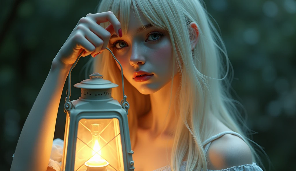 Have a lantern、Long straight blonde hair、Realistic、Doll face