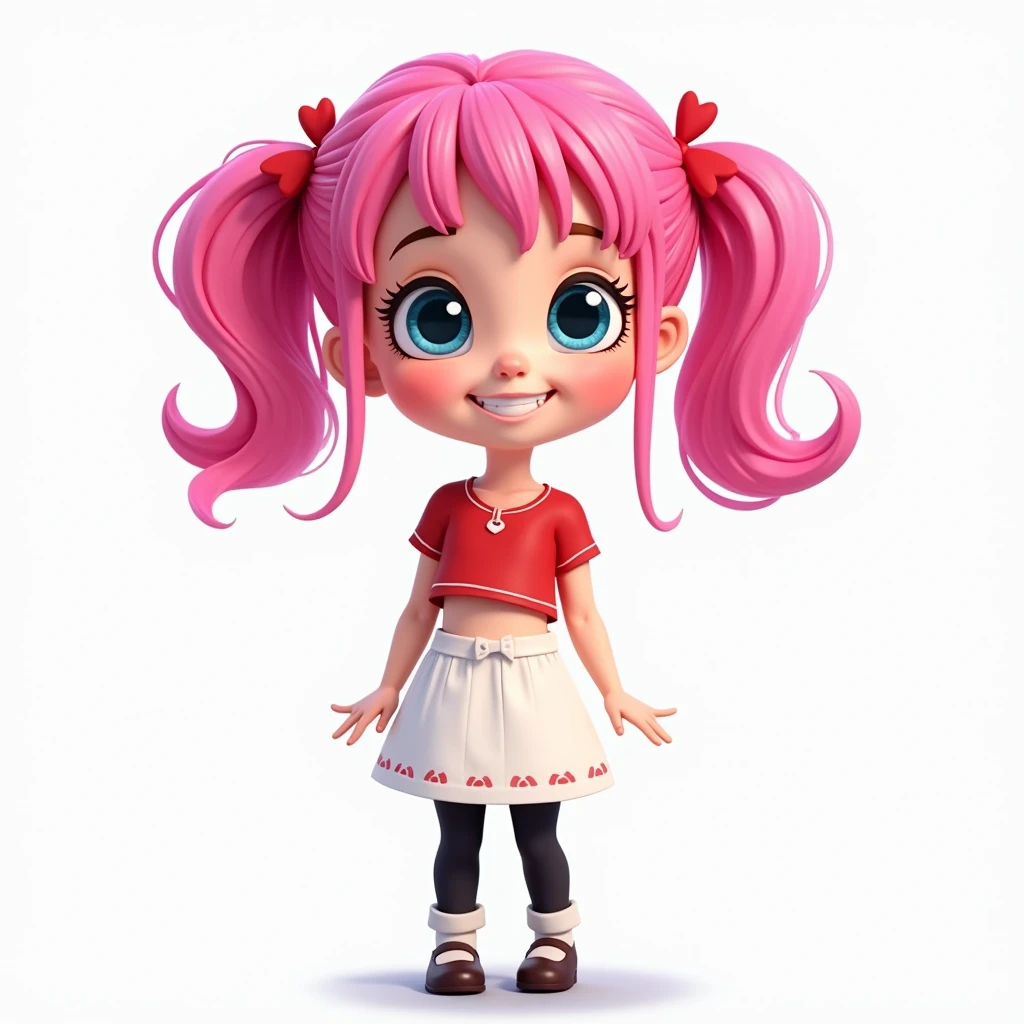 Lily is a short, 1 British girl with bright pink hair in heart-shaped pigtails, sparkling blue eyes, and a bubbly personality. She wears a red crop top, white skirt, and black leggings.