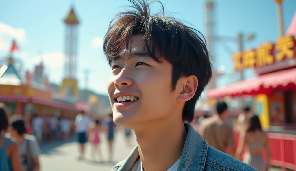 A Japanese male college student wearing fashionable clothes looks at the amusement park with a bright expression,Excited, Photo of your face, In the amusement park, with a natural look, With a slightly tired look, tilt your face a little, Diagonal orientation, Average face