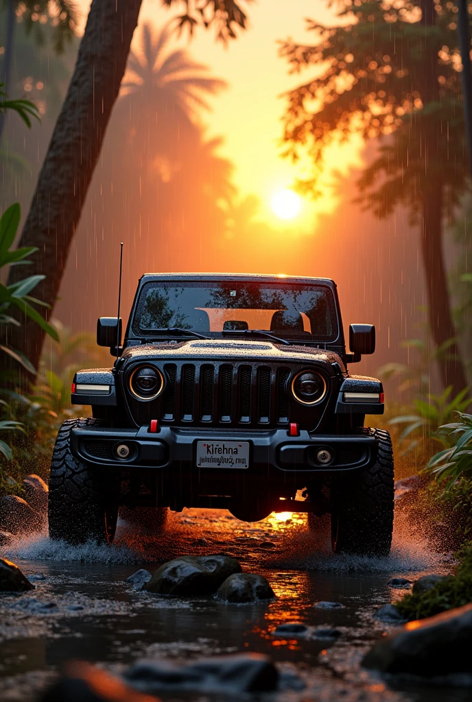 Create a image Jeep Wrangler Rubicon in black colour in rain forest sunset time Krishna number plate in car