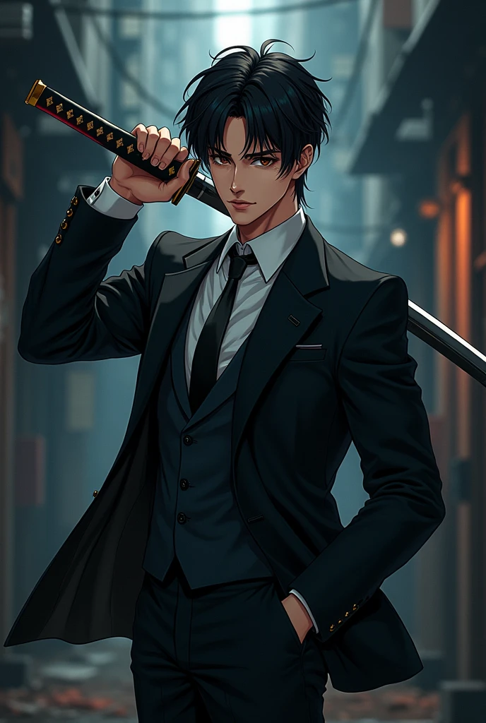 anime boy suit katana night mafia male men handsome