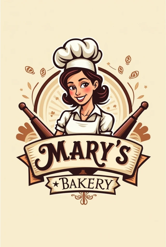 Logo for a bakery called Mary's Bakery that specializes in selling cakes, pioneers, caramel cookies, pies, Cake