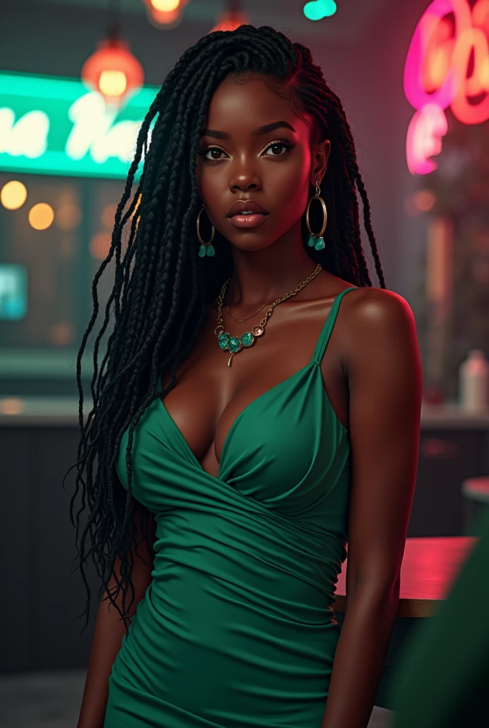 Black woman with cool skin tones, age 25, small, fleshy mouth, amber almond eyes , Oval face, medium sized breasts, upturned button nose, in a night club, wears a beautiful jade green dress that fits her body perfectly, your hair is in braids, dc comics