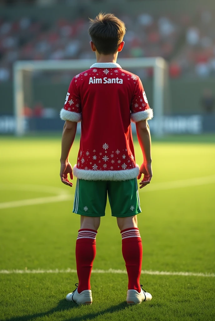 Create a soccer player with his back turned to me and the name AIM_SANTA amd age 15 years and background game santa