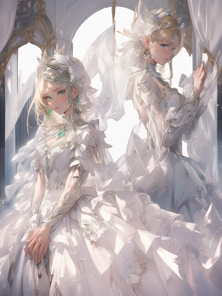 masterpiece, best quality, high quality, 2k, 4k, pmmmorikomagi, 1girl, standing, green eyes, blonde hair, white dress with puffy skirt, long sleeves, decorative shield on skirt, high white hat with two tassels, shawl on shoulders, outdoors, indoors, room, cowboy shot, looking at viewer, colorful,