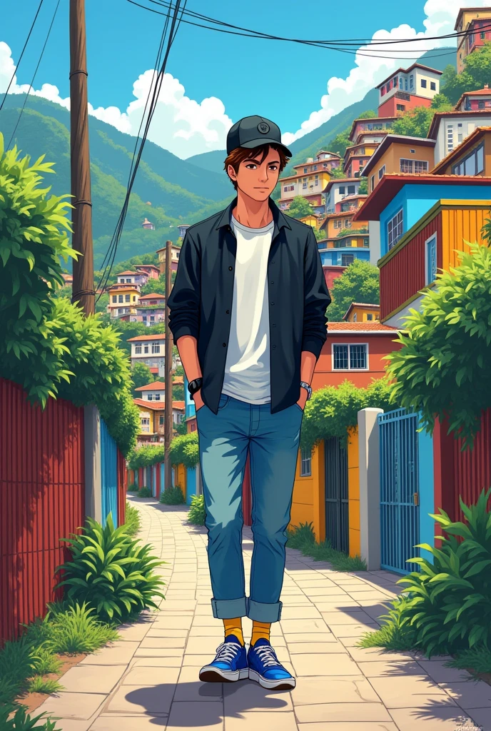 Create a male black and white shirt underneath long sleeve black cap long jeans blue shoes and small yellow socks short brown hair in a favela in a hill anime