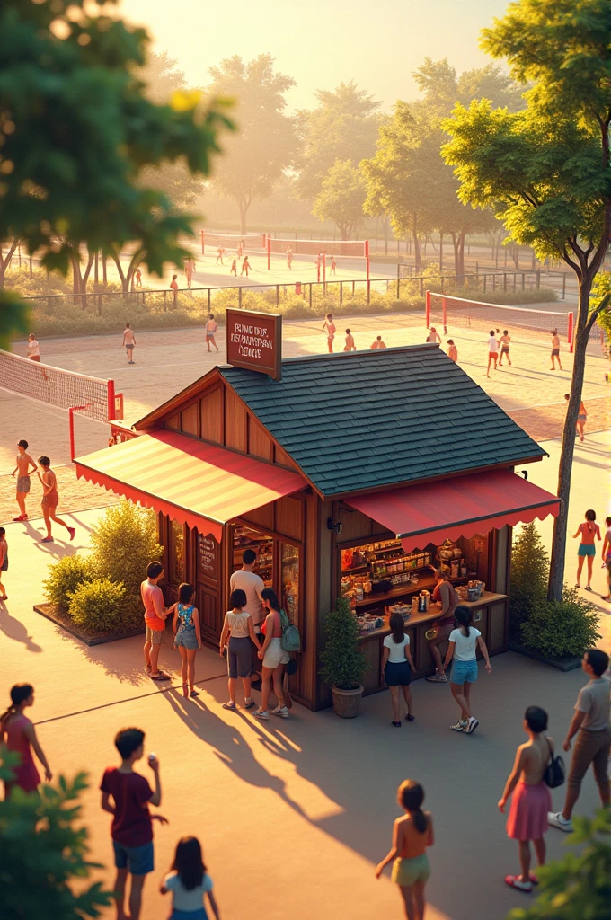 Kiosk surrounded by volleyball courts