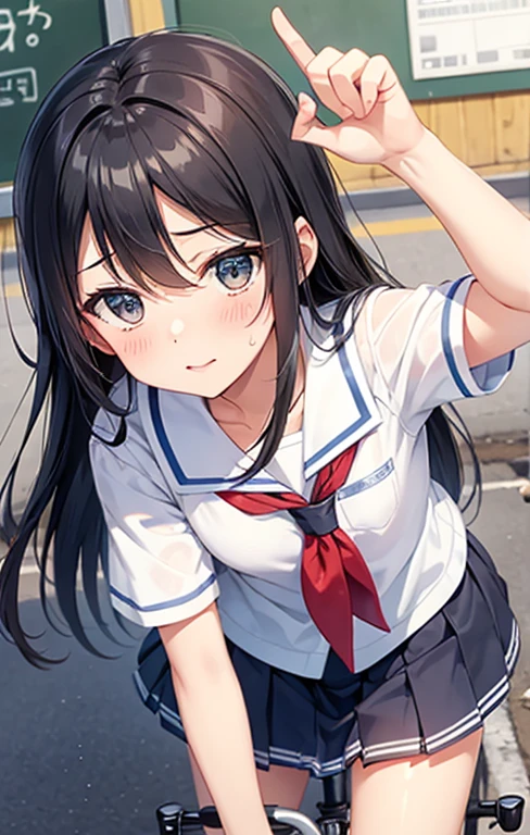 ride a bicycle,school uniform,Sweaty