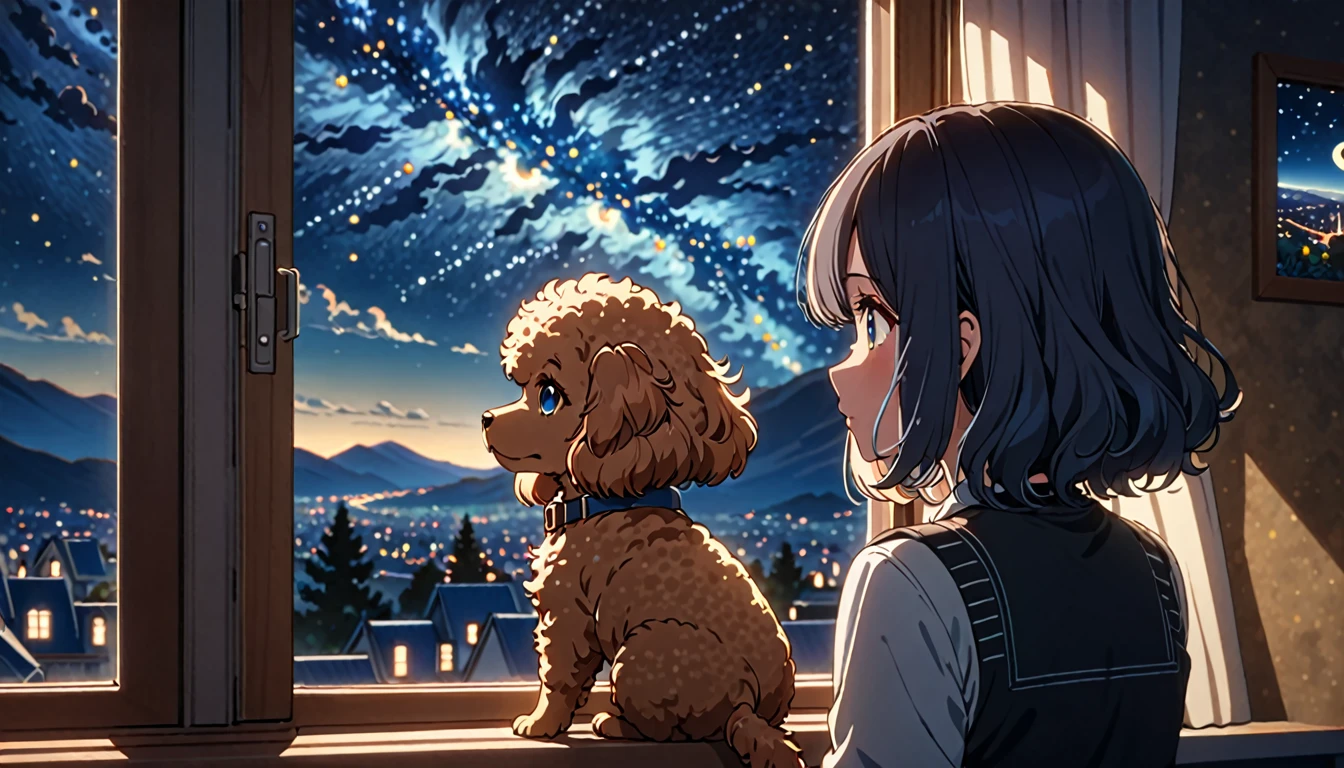 a girl , a toy poodle, rear view looking out the open window, a starry night sky outside the window, detailed face and eyes, detailed dog, highly detailed, 8k, masterpiece, animetic, cinematic lighting, dramatic lighting
