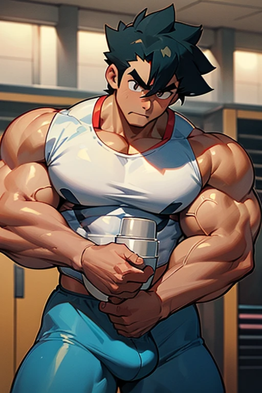 Ash Ketchum from Pokémon anime as a grown up big dumb muscular bodybuilder jock in a locker room flexing and staring blankly under hypnosis with his mouth hanging open as he repeats, "Bigger... Dumber.... Must obey.... More like a jock bro every day.... Yes, Coach. I obey. Huhuhuhuh...." in a deep mindless emotionless voice with his fellow hypnotized jocks to forget about Pokémon training and focus instead on training his own body and obeying his coach. Hyper swollen bulging crotch. Hyper muscles. Toned muscles. 5% body fat. Big biceps. Big triceps. Broad shoulders. Big traps. Big lats. Big meaty pecs. Massive deltoids. Six-pack abs. Spherical glutes. Brainwashing. Hypnosis. Hypnotized. Bro. IQ drain. Dumber and dumber. Meathead. Musclehead. Mindless. Hypno. Mind control. Brain drain. Entranced.