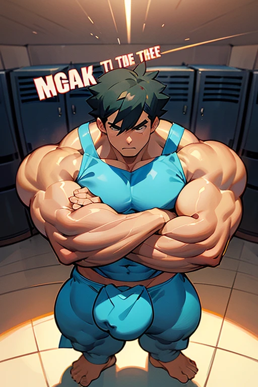 Ash Ketchum from Pokémon anime as a grown up big dumb muscular bodybuilder jock in a locker room flexing and staring blankly under hypnosis with his mouth hanging open as he repeats, "Bigger... Dumber.... Must obey.... More like a jock bro every day.... Yes, Coach. I obey. Huhuhuhuh...." in a deep mindless emotionless voice with his fellow hypnotized jocks to forget about Pokémon training and focus instead on training his own body and obeying his coach. Hyper swollen bulging crotch. Hyper muscles. Toned muscles. 5% body fat. Big biceps. Big triceps. Broad shoulders. Big s. Big lats. Big meaty pecs. Massive deltoids. Six-pack abs. Spherical glutes. Brainwashing. Hypnosis. Hypnotized. Bro. IQ drain. Dumber and dumber. Meathead. Musclehead. Mindless. Hypno. Mind control. Brain drain. Entranced.