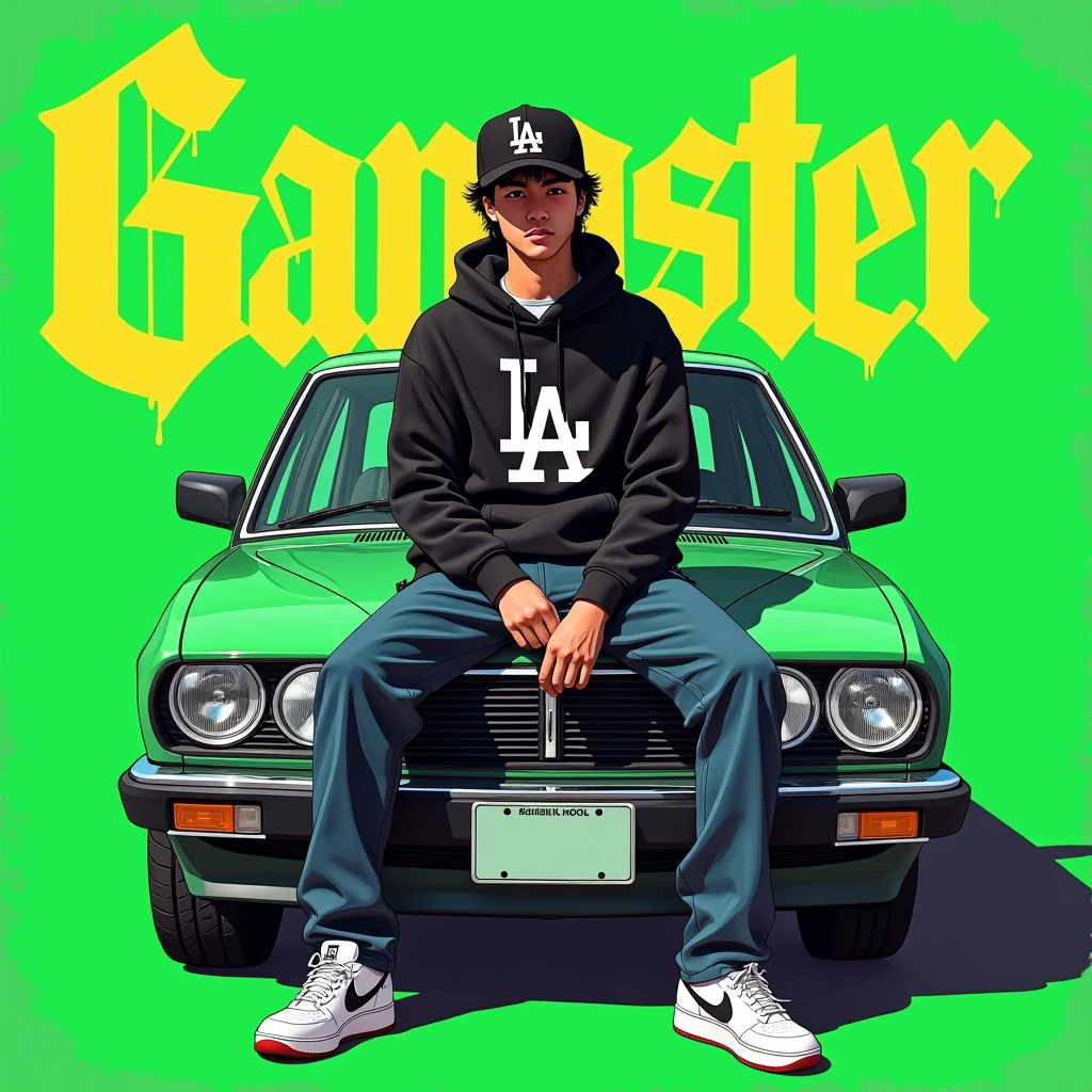 Image of a man sitting on the bonnet of a car, Yoshihiko Wada&#39;s album cover, winner of the behance contest, Doodle, official artwork, rap album cover, hip - hop album art cover, colored album art, hip hop music album cover, rap album cover art, official fanart, GTA Cover, hip hop album cover, album art cover, G-FUNK Hip Hop album cover, green background, green car, with the words 'gangster' on the back of the picture, LA hoodie, an Asian tenager wearing a black LA ball cap with a deep press and a wide pair of jeans down, a troublemaker boysits on the bonnet of a car andlets, white Nike shoes