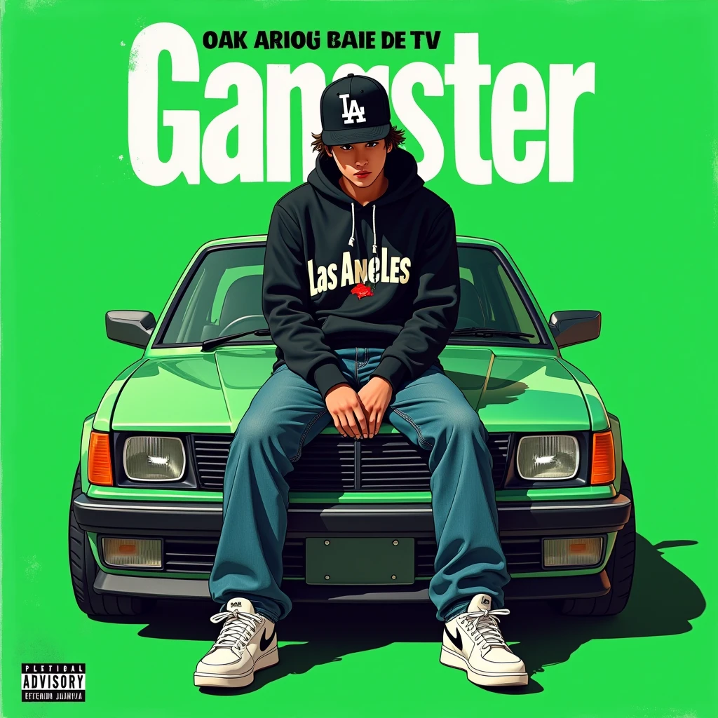 Image of a man sitting on the bonnet of a car, Yoshihiko Wada's album cover, winner of the behance contest, Doodle, official artwork, rap album cover, hip - hop album art cover, colored album art, hip hop music album cover, rap album cover art, official fanart, GTA Cover, hip hop album cover, album art cover, G-FUNK Hip Hop album cover, green background, green car, with the words 'gangster' on the back of the picture, LA hoodie, an Asian tenager wearing a black LA ball cap with a deep press and a wide pair of jeans down, a troublemaker boysits on the bonnet of a car andlets, white Nike shoes