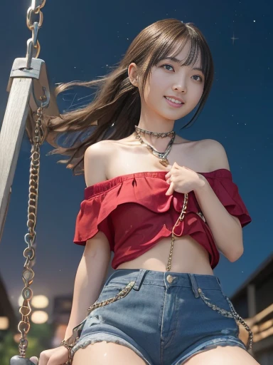 Japanese female, (underweight), (medium bust best quality:1.5), 30 years old,(cheerful grin:1.0),
city, annoyed, standing, long hair, (red off shoulder top:1.3), (denim shorts), (with a chains), (swinging the chains:1.3), (Epic Battle Scene), with a moon, (at midnight:1.2), full body shot, (from below), (motion blur:1.4), moonlight