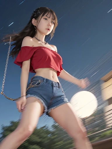 Japanese female, (underweight), (medium bust best quality:1.5), 30 years old,(cheerful grin:1.0),
city, annoyed, standing, long hair, (red off shoulder top:1.3), (denim shorts), (with a chains), (swinging the chains:1.3), (Epic Battle Scene), with a moon, (at midnight:1.2), full body shot, (from below), (motion blur:1.4), moonlight