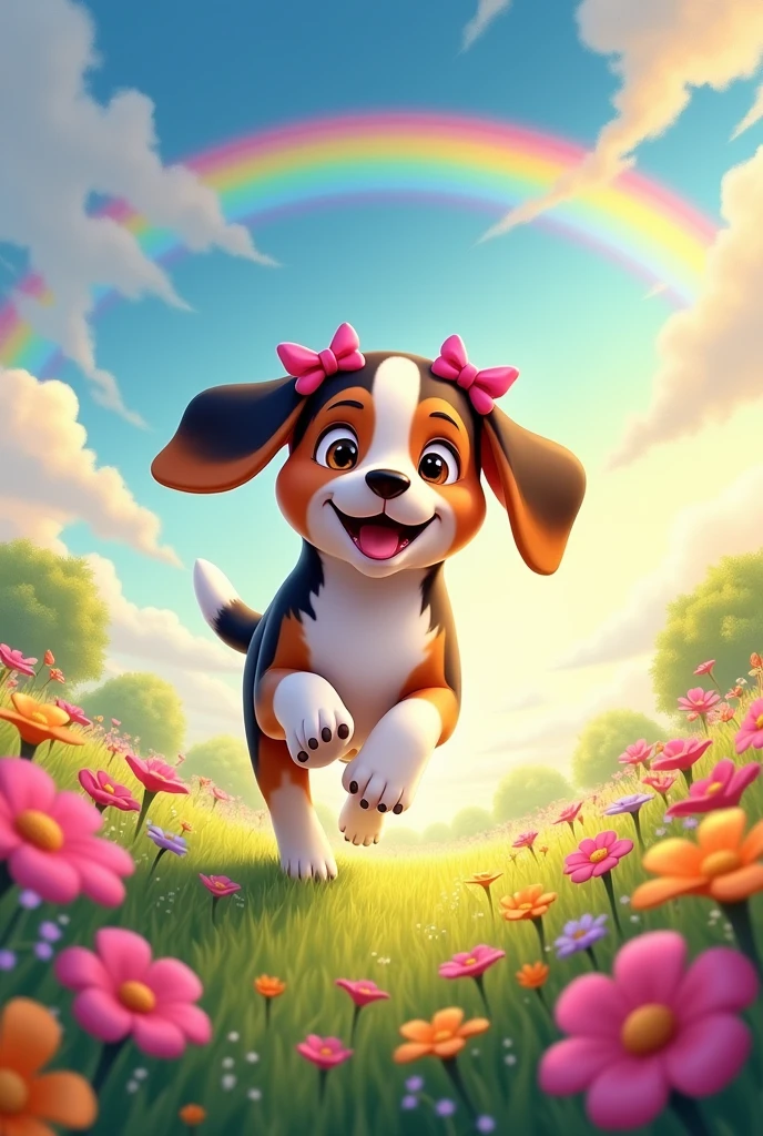 Tricolor black brown and white beagle, female with two pink bows on her ears, He is running happily in a meadow with flowers, the sky with the sun very colorful and with rainbows