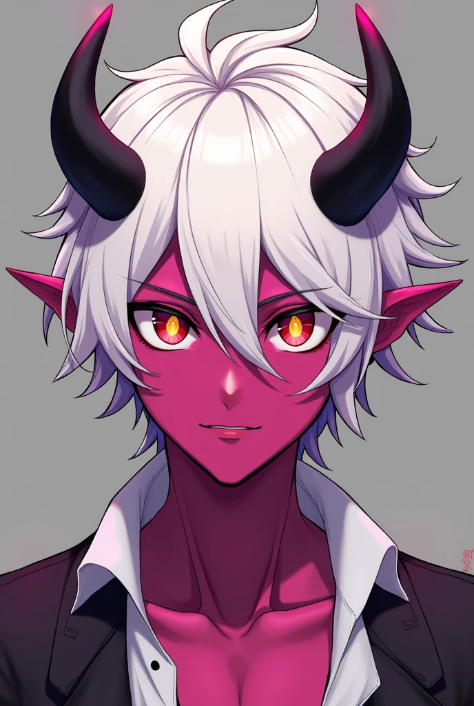 Create an anime style image of a male character who has fuchsia skin, Her hair is dull white, It has yellow sclera with red irises., two black horns and is physically attractive as a man