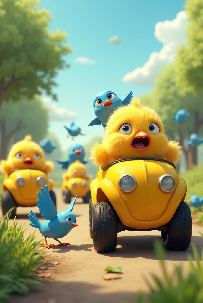 Several yellow cars with chicks driving and blue birds scared and crying