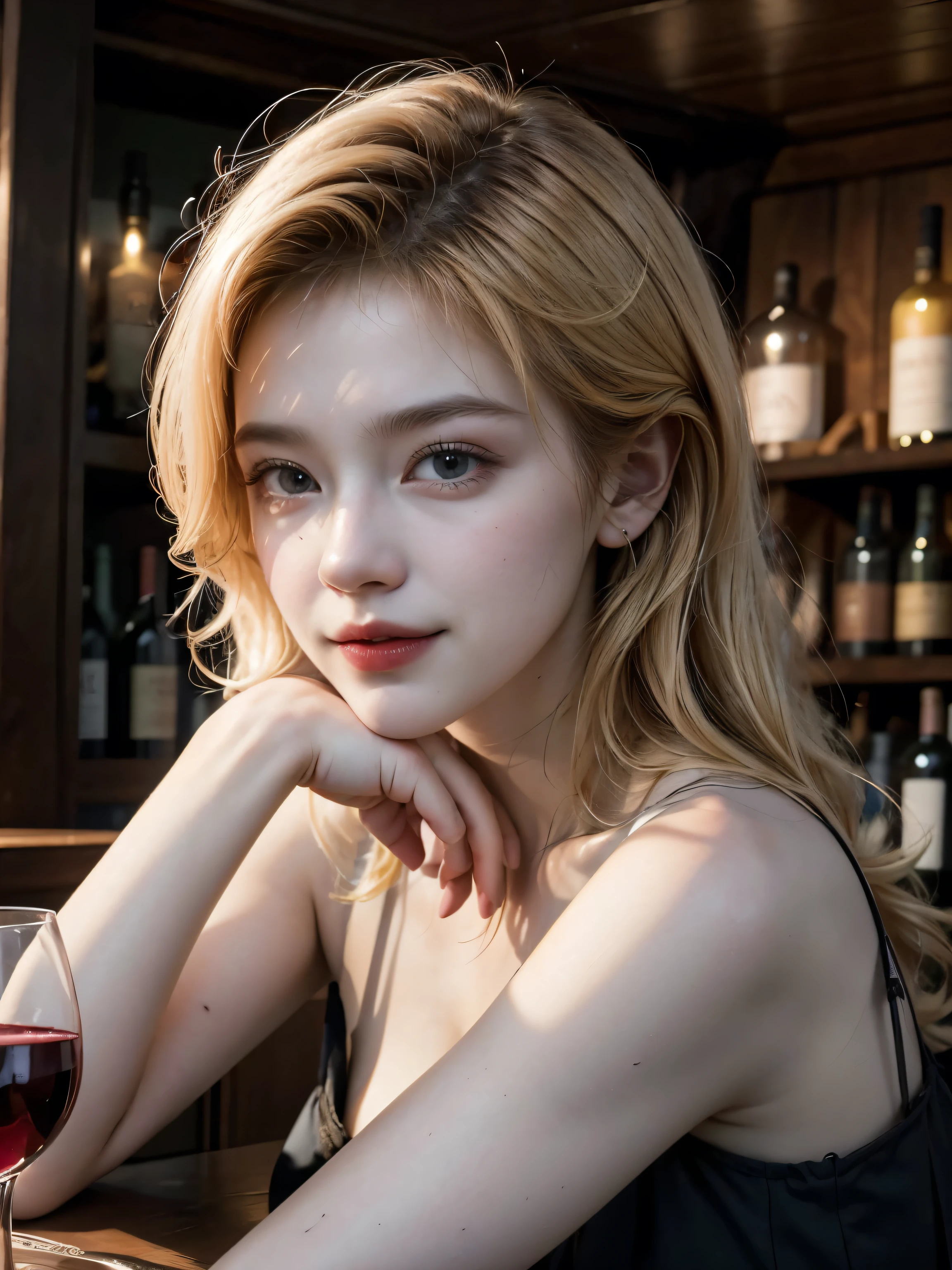 Woman drinking orange wine, bionde,Long Hair,Staring at the wine、Back view,slim,Authentic interior,restaurant,Optical Lenses, , (Highest quality,4K,8k,High resolution,masterpiece:1.2),Very detailed,(photograph,photophotograph,photo-photograph:1.37),wine cellar,Lots of wine,modern,Dim lighting, Lady customer,Neat black dress,1800s,pairing,Smiling woman,Look Down,Spectacular landscapes,turn around、Wine on the table、Put down the glasses、flower、Smaller person、Wine close up,Lots of liquor bottles background,People on the right、pub、Steampunk、Small hands、背景にpubテンダー、Steampunk内装,