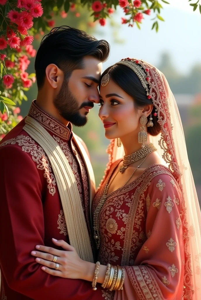 A newlywed afghani couple on their wedding day the boy should have a grey eyes and the girl should have a green eyes and the boy named rahim and the girl hasiba