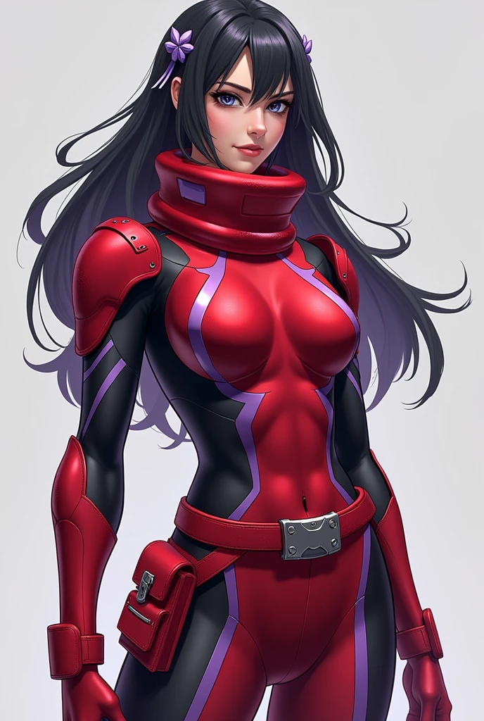 Create an image of a heroine's uniform, in red and lilac colors, with a red neck protector with lilac details. Neck collar style, covering the entire neck. Red utility belt with lilac pockets, Bblack hair, loose with lilac accessory.