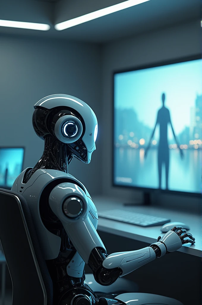 Create an image where there is a robot watching a TV video and above it says Streaming