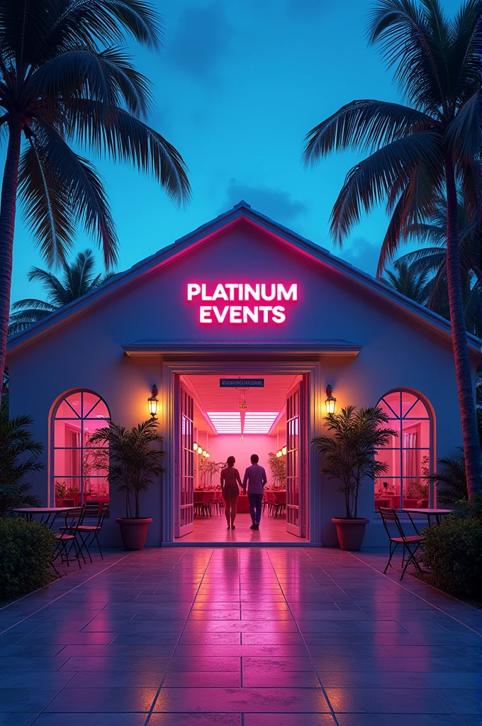 Casa de show, with glass windows, large area in front with some chairs and tables, large sign above the entrance door saying Platinum Events, large open entrance door, circular shaped windows, unrealistic, drawn, small sign on the wall saying "prohibited drinks", indoor party, events house, coconut trees outside, neon, lights, natta, parties, animadas, sound box, huge hall inside, party going on , floodlight lights , people dancing in the countryside 