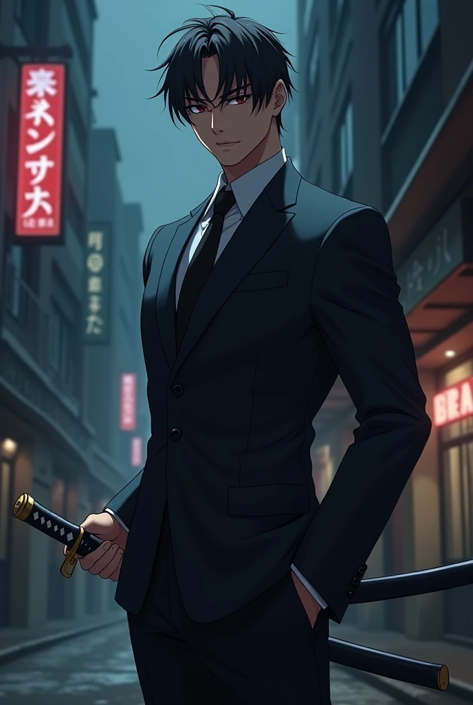 anime boy suit katana night mafia male men handsome back sexy