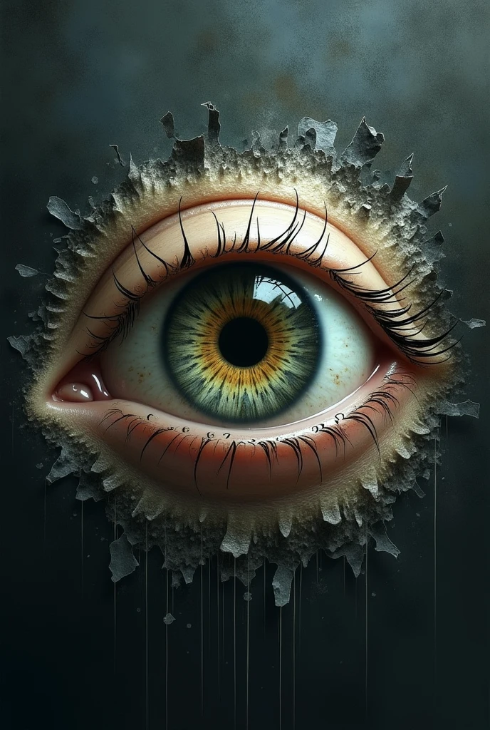Text saying Shattered Time, TEXT, Title "Shattered Time", eye as a clock, clock in eye, 