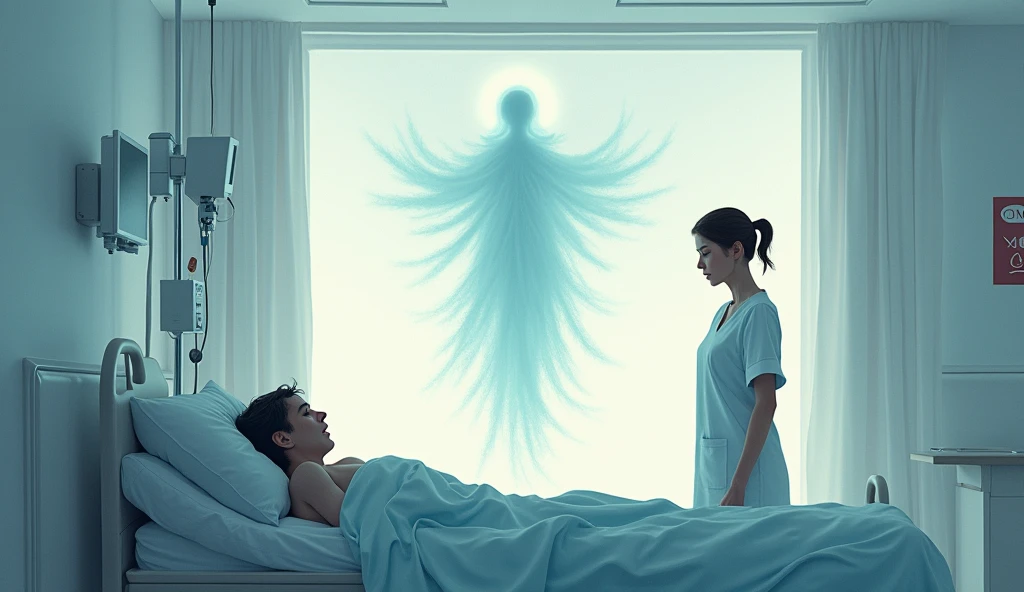 soul leaving a bedridden patient due to the dehumanization of the health team. nurse next to the stretcher