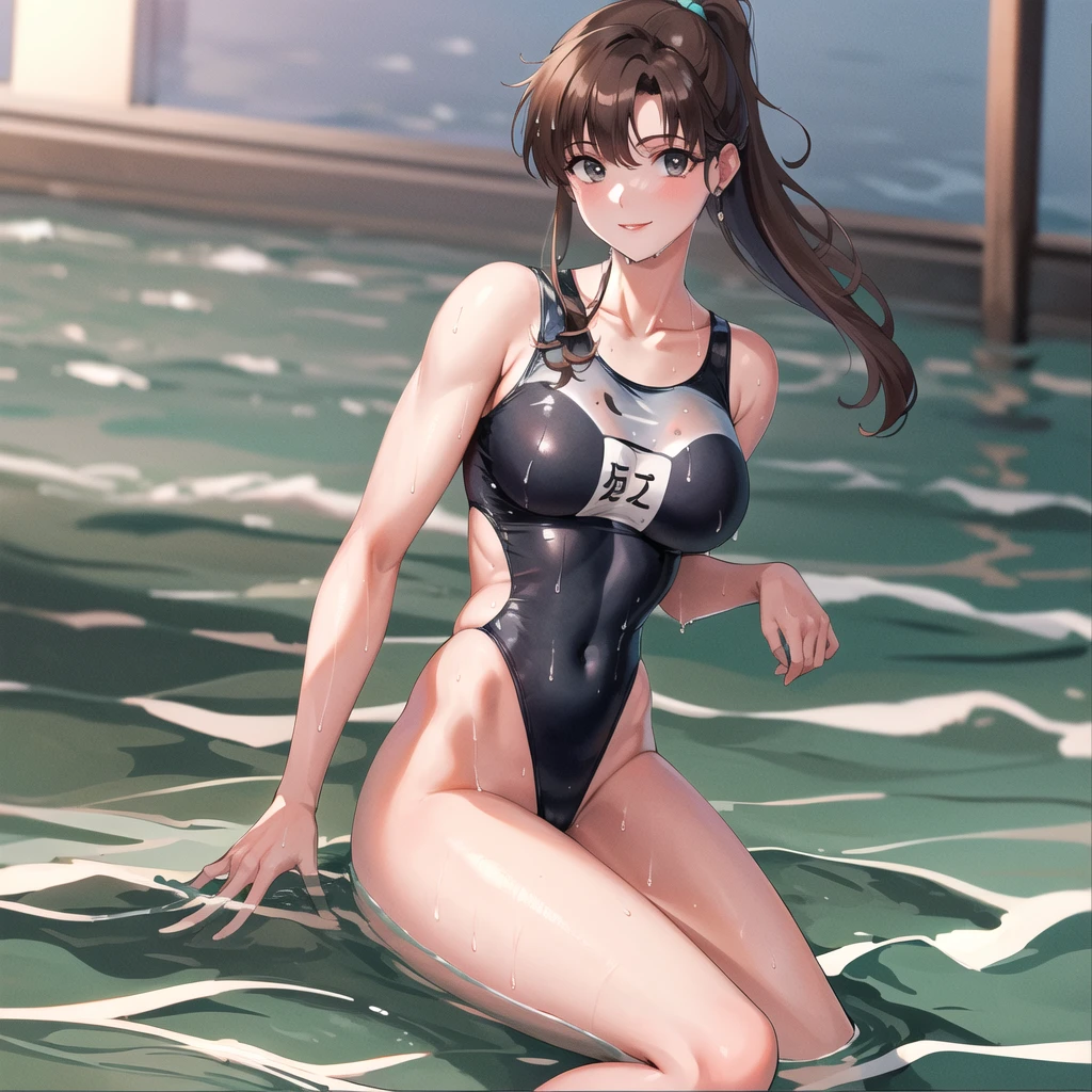 masterpiece, Highest quality, High resolution, （One Woman）、Teen、1990s \(style\),tall、Muscular、healthy、Black school swimsuit、The background is the sea、SFW、Cute Pose、Portrait、Cute Smile、Wet body