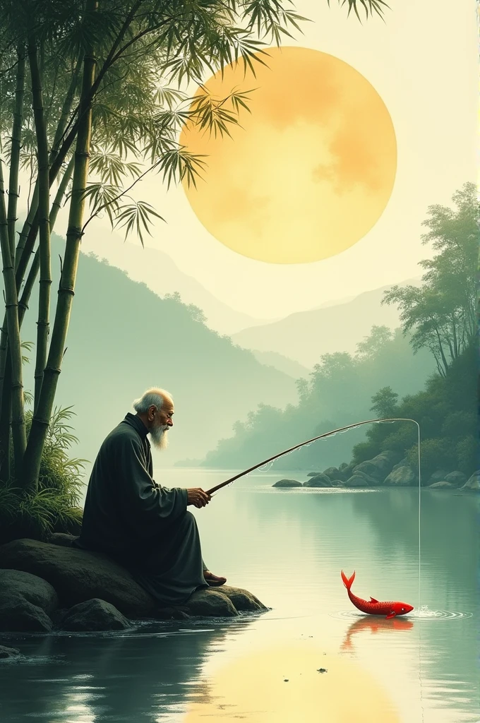 Make a drawing of a koi fisherman representing the jin