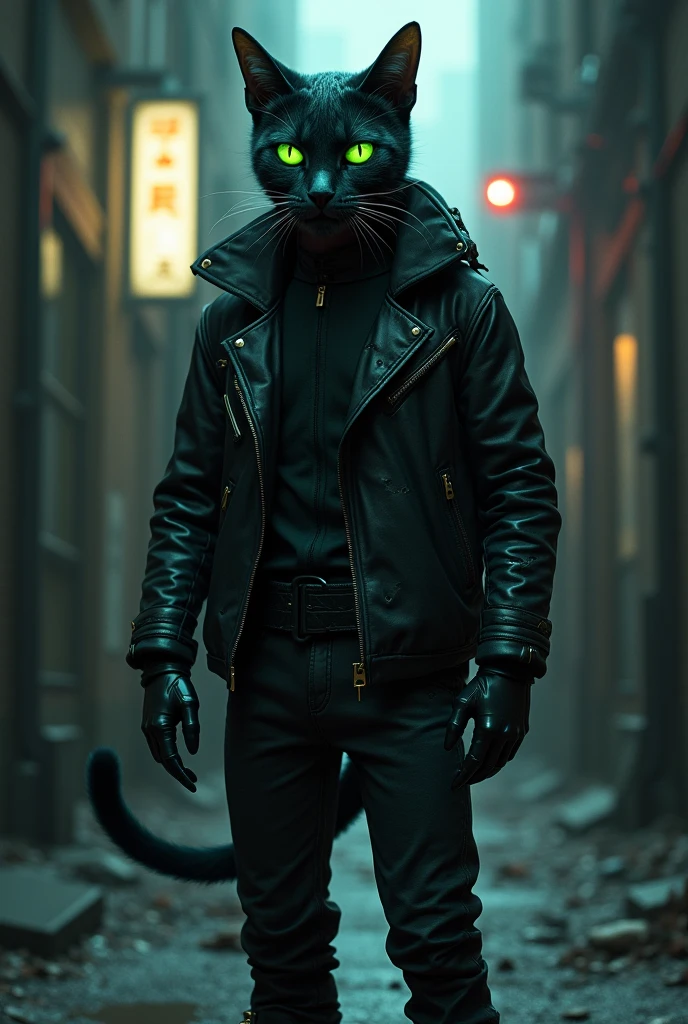 **Whiskers’ Appearance:**
- Prompt: "A five-foot-tall humanoid cat with a sleek, agile build and a feline face. He has sharp green eyes that glow in the dark, twitching whiskers, and wears a tattered black leather jacket. His human-like hands have retractable claws, and he stands in a shadowy alley, the city lights glowing behind him."