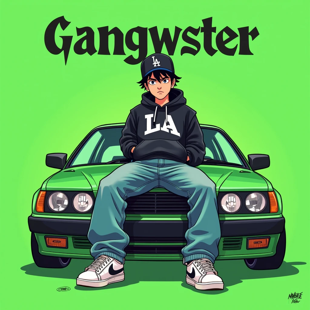 Image of a man sitting on the bonnet of a car, Yoshihiko Wada's album cover, winner of the behance contest, Doodle, official artwork, rap album cover, hip - hop album art cover, colored album art, hip hop music album cover, rap album cover art, official fanart, GTA Cover, hip hop album cover, album art cover, cartoon, G-FUNK Hip Hop album cover, green background, green car, with the words 'gangster' on the back of the picture, LA hoodie, an Asian tenager wearing a black LA ball cap with a deep press and a wide pair of jeans down, a troublemaker boysits on the bonnet of a car andlets, white Nike shoes