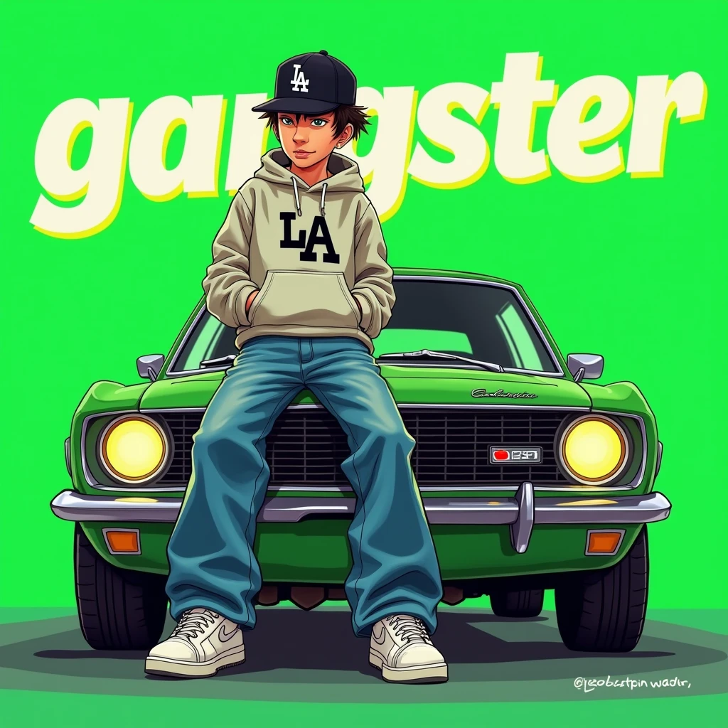 Image of a man sitting on the bonnet of a car, Yoshihiko Wada's album cover, winner of the behance contest, Doodle, official artwork, rap album cover, hip - hop album art cover, colored album art, hip hop music album cover, rap album cover art, official fanart, GTA Cover, hip hop album cover, album art cover, cartoon, G-FUNK Hip Hop album cover, green background, green car, with the words 'gangster' on the back of the picture, LA hoodie, an Asian tenager wearing a black LA ball cap with a deep press and a wide pair of jeans down, a troublemaker boysits on the bonnet of a car andlets, white Nike shoes